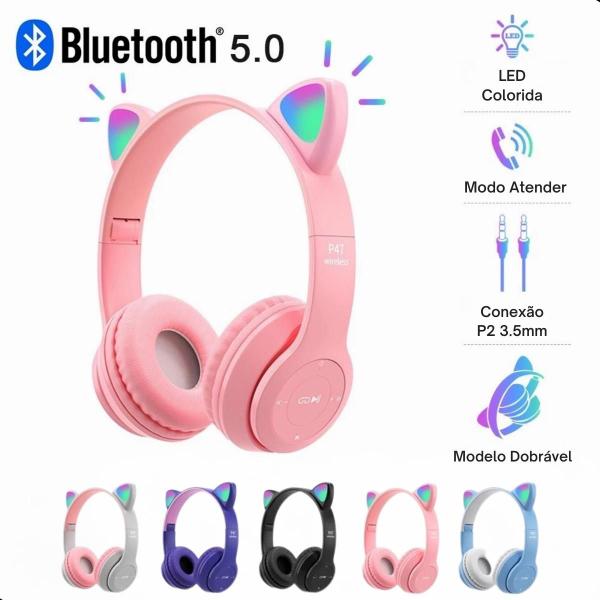 Imagem de Fone De Ouvido Gatinho Bluetooth Infantil Led Rgb Headset Criança P2 Sem Fio