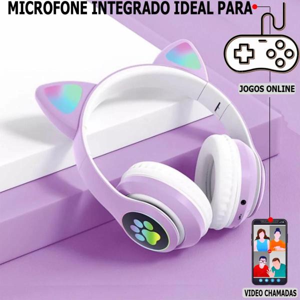 Imagem de Fone De Ouvido Gatinho Bluetooth Infantil Led  RGB Menino Menina