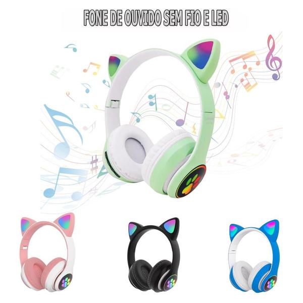 Imagem de Fone De Ouvido Gatinho Bluetooth Infantil Led  RGB Menino Menina