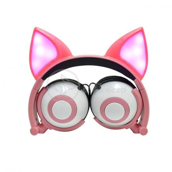 Imagem de Fone De Ouvido Gatinho Fio C/ Led Infantil Rosa