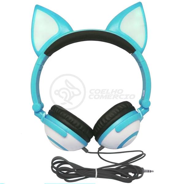 Imagem de Fone de Ouvido Gatinho Fox Fio Com Led Orelha Gato Dobrável Infantil Microfone - Azul