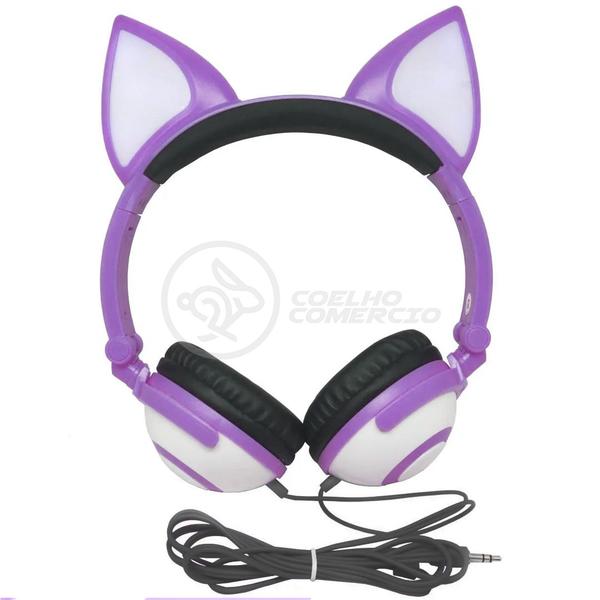 Imagem de Fone de Ouvido Gatinho Fox Sem Fio Com Led Orelha Gato Dobrável Infantil Microfone - Roxo