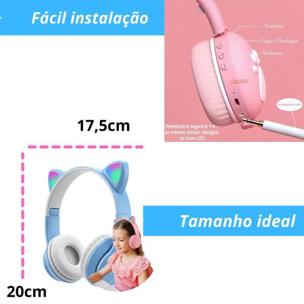 Imagem de Fone De Ouvido Gatinho Rosa  Com Luz Led - Entrega Rápida