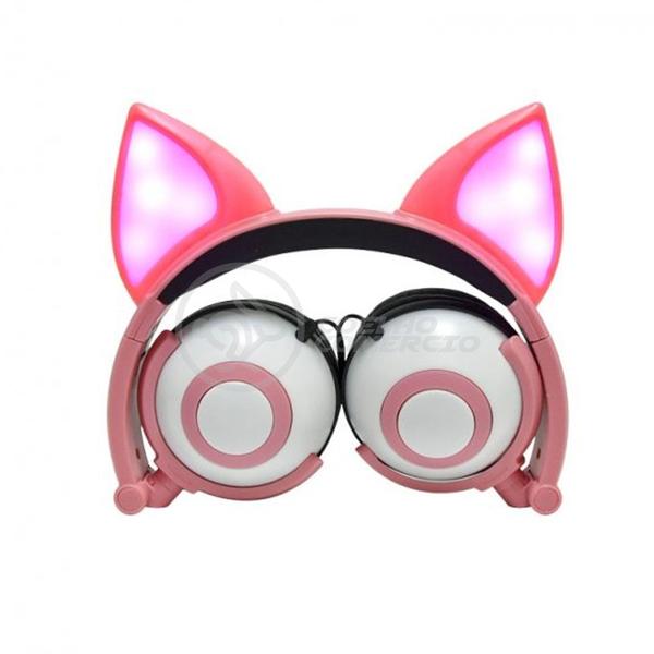 Imagem de Fone de Ouvido Gatinho Sem Fio Com Led Orelha Gato Dobrável Infantil Microfone - Rosa