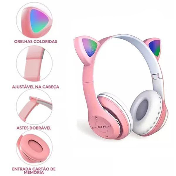 Imagem de Fone De Ouvido Headset Gamer Rosa Led Gatinho Pc Cel 