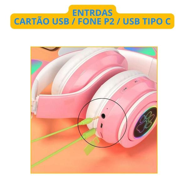 Imagem de Fone De Ouvido Led Sem Fio Orelha Gato Cat Infantil Cor Rosa - KAPBOM