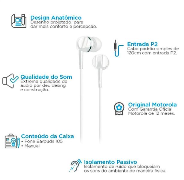 Imagem de Fone De Ouvido Motorola Earbuds 105, Com Microfone - Branco