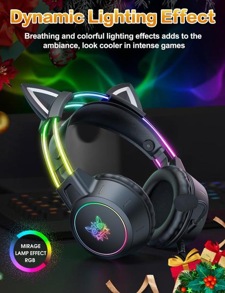 Imagem de Fone de ouvido para jogos ONITOON leve com orelhas de gato removíveis RGB