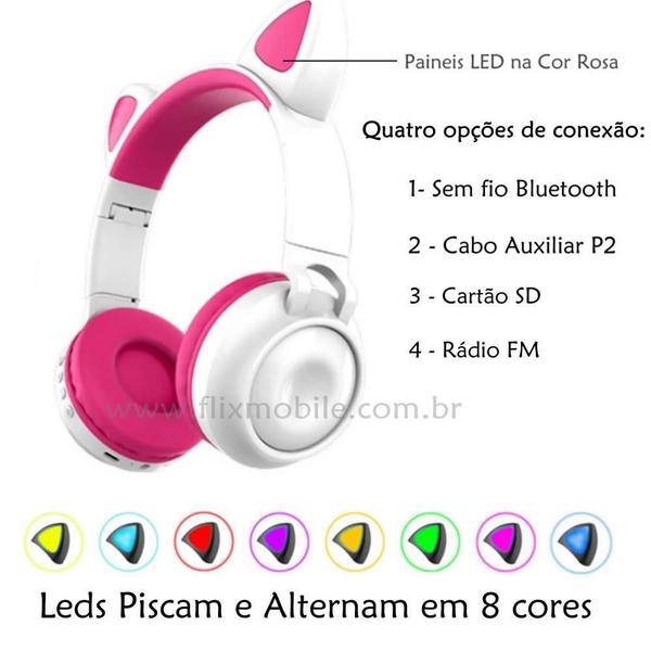 Imagem de Fone De Ouvido Sem Fio Orelhas De Gato 8 Cores De Led Headset Gatinho Bluetooth Branco