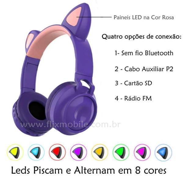 Imagem de Fone De Ouvido Sem Fio Orelhas De Gato 8 Cores De Led Roxo