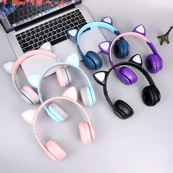 Imagem de Fone de Ouvido Sem Fio Orelhas de Gato LED Headset Gatinho Azul Claro