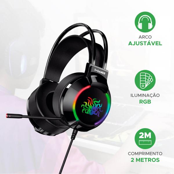 Imagem de Fone Gamer Headset Led Rgb Mic Usb + P2 Ajustável Cabo 2 Metros