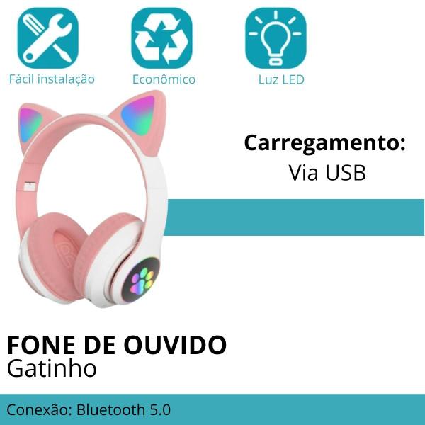 Imagem de Fone Gamer Sem Fio Rosa com LED Infantil Orelha de Gato