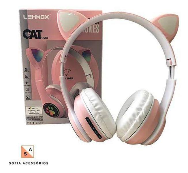 Imagem de Fone Gatinho Sem Fio Com Led Bluetooth Rosa LEF-1019 - LEHMOX