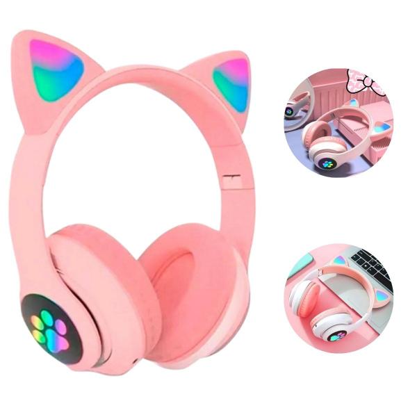 Imagem de Fone Headphone Orelha Gato Colorido Led Smartphone Geek Gamer Gatinho Bluetooth Sem Fio Fone de Ouvido Estéreo Spot (ROSA)