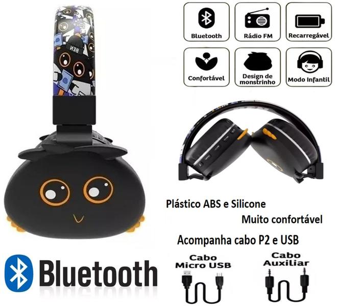 Imagem de Fone Monsters Preto Bluetooth Infantil Headset Sem Fio