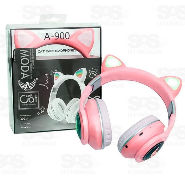 Imagem de Fone Ouvido Rosa Orelha Gato Bluetooth 5.0 Headset Com Led