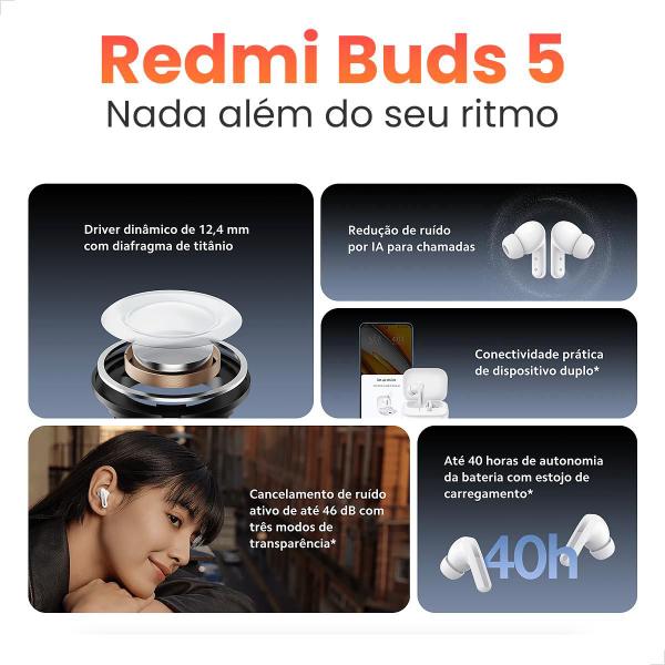 Imagem de Fone Redmi Buds 5 Bluetooth 5.3 Gamer Bateria 40h Cancelamento Ruido Original