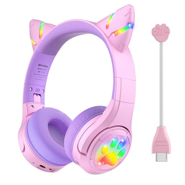 Imagem de Fones de ouvido Bluetooth Riwbox CF9 Cat Ear Kids com LED roxo