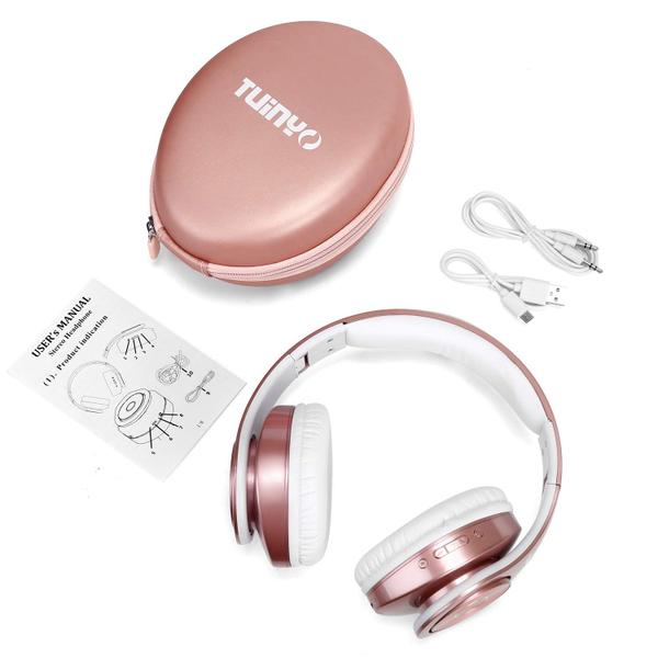 Fones de ouvido Bluetooth TUINYO sem fio, fone de ouvido estéreo sem fio Over Ear, 40 horas de reprodução com graves profundos, protetores de ouvido macios com proteína de memória, microfone embutido, modo com fio, PC/telefones celulares/TV - ouro rosa Imagem de Fones de ouvido Bluetooth TUINYO sem fio, fone de ouvido estéreo sem fio Over Ear, 40 horas de reprodução com graves profundos, protetores de ouvido macios com proteína de memória, microfone embutido, modo com fio, PC/telefones celulares/TV - ouro rosa