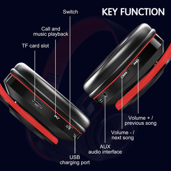 Imagem de Fones de ouvido Bluetooth YTYC Over Ear com LED Deep Bass vermelho/preto