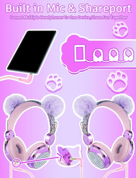 Imagem de Fones de ouvido charlxee Kids Pom com microfone 85dB Limit Unicorns Hot-