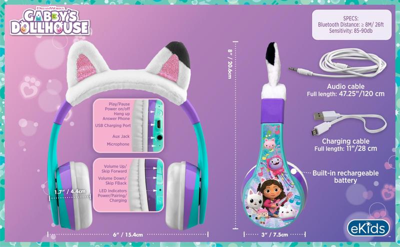 Imagem de Fones de ouvido sem fio eKids Gabbys Dollhouse para crianças com microfone