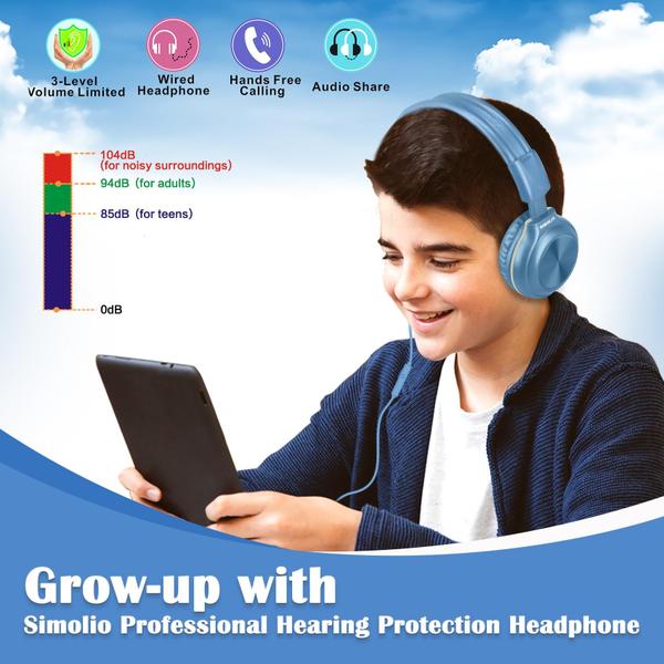 Imagem de Fones de ouvido SIMOLIO Kids com fio com microfone, volume limitado de 85 a 104 dB