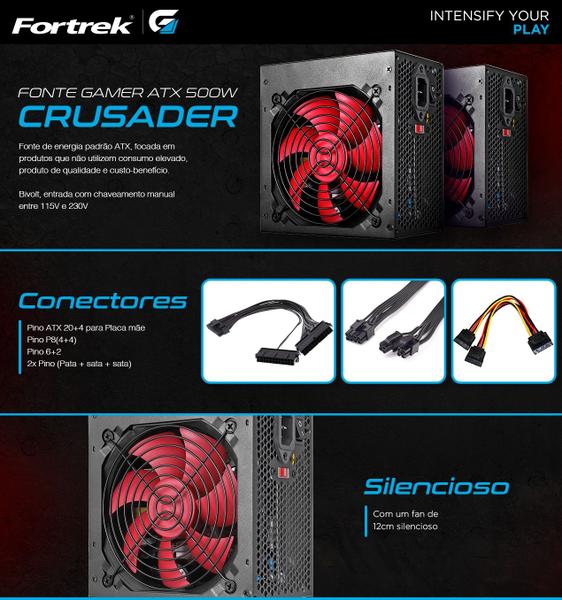 Imagem de Fonte 500w Atx Fortrek Crusader Bivolt Pc Gamer Fan Cooler 12cm