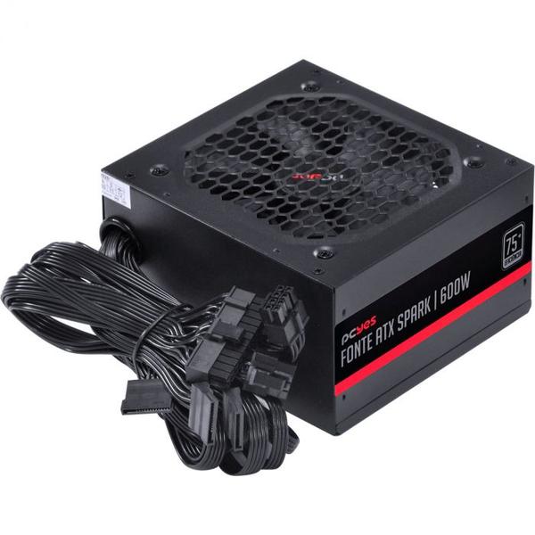 Fonte atx 600w spark 75+ - pfc ativo - cabos flat - pxsp600wpt - Pcyes Imagem de Fonte atx 600w spark 75+ - pfc ativo - cabos flat - pxsp600wpt