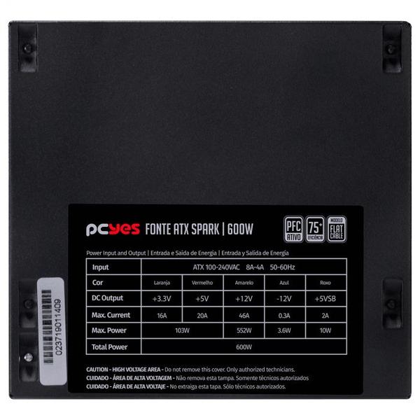 Fonte atx 600w spark 75+ - pfc ativo - cabos flat - pxsp600wpt - Pcyes Imagem de Fonte atx 600w spark 75+ - pfc ativo - cabos flat - pxsp600wpt