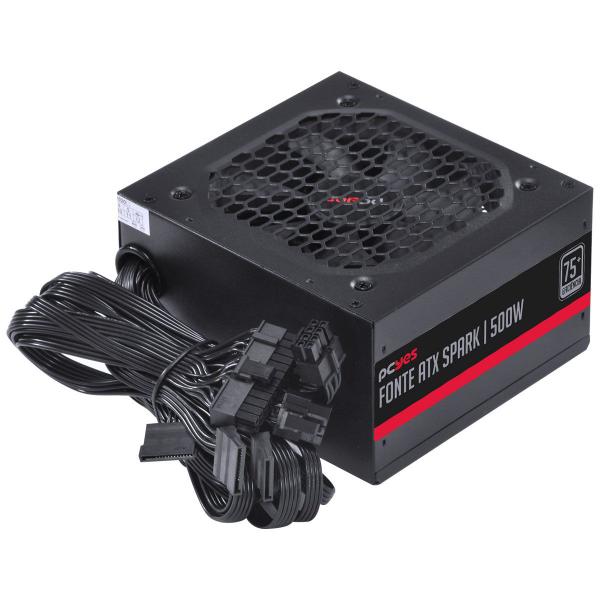 Imagem de Fonte ATX Spark 500W PcYes PFC Ativo com Eficiência 75+ Cabos Flat - PXSP500WPT