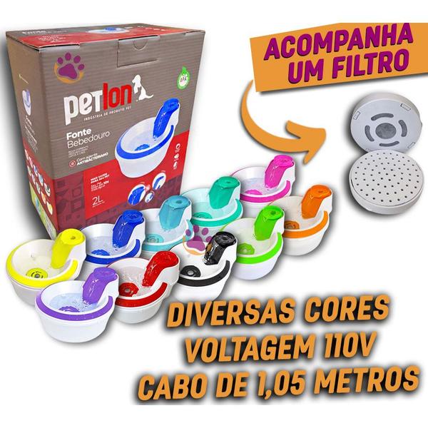 Imagem de Fonte Bebedouro Colours para Cachorros Cães e Gatos Com Filtro - 2 Litros - Petlon