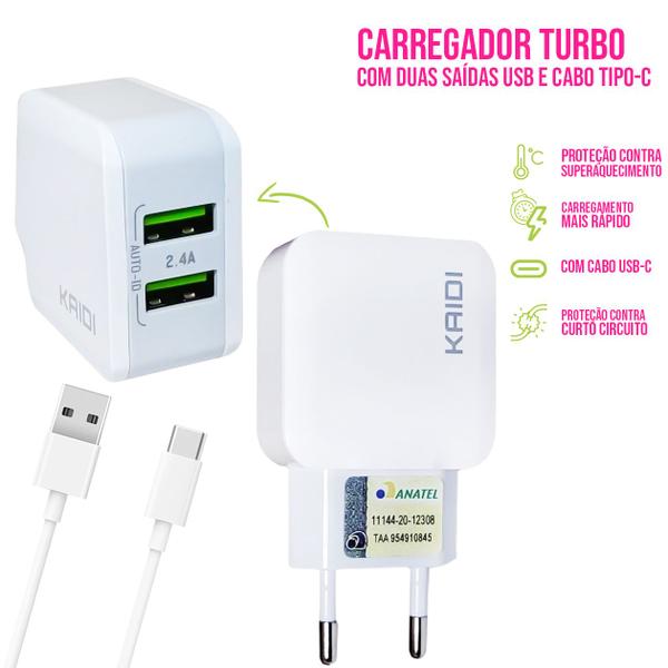 Imagem de Fonte Carregador com Cabo Tipo-C 2 Entradas USB Turbo Tomada