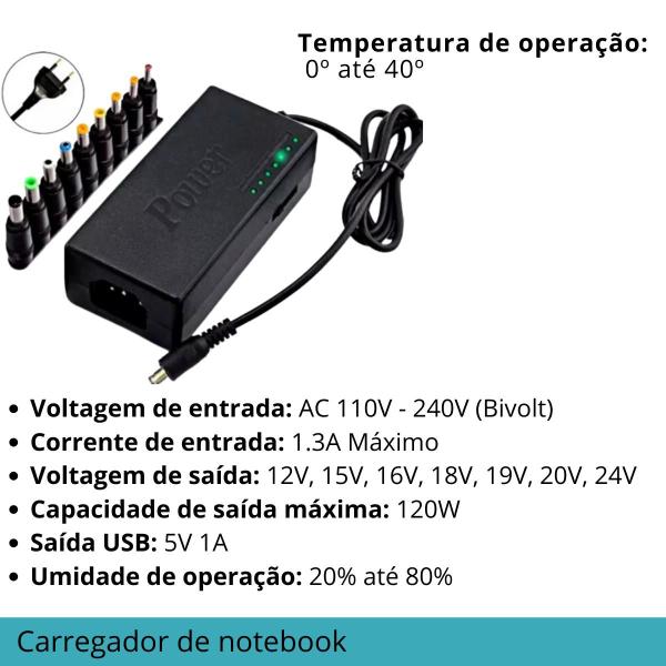 Imagem de Fonte Carregador Notebook Universal 120w 8 Pinos Ajustável