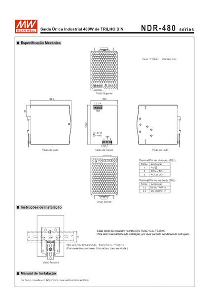 Imagem de Fonte Chaveada Mean Well Model. Ndr-480-24 480W 24Vdc