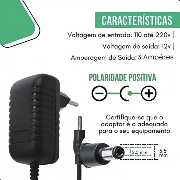 Imagem de Fonte De Alimentação AC/DC 12V 3A Plug P4 De Câmera Fita Led Bivolt 110v/220v Estabilizada