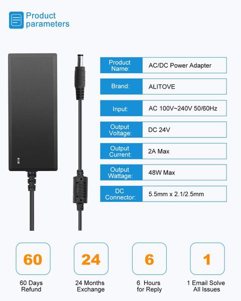 Imagem de Fonte de alimentação ALITOVE 24V DC 2A 48W AC/DC Adaptador para faixa de LED