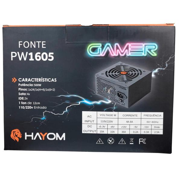 Imagem de Fonte de Alimentação Gamer 500W 80 Plus ATX PW1605 Hayom