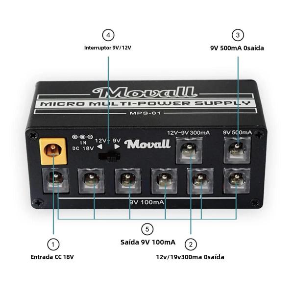 Imagem de Fonte de Alimentação Isolada para Pedal de Guitarra Movall MPS-01 - 18W - Anti-Interferência