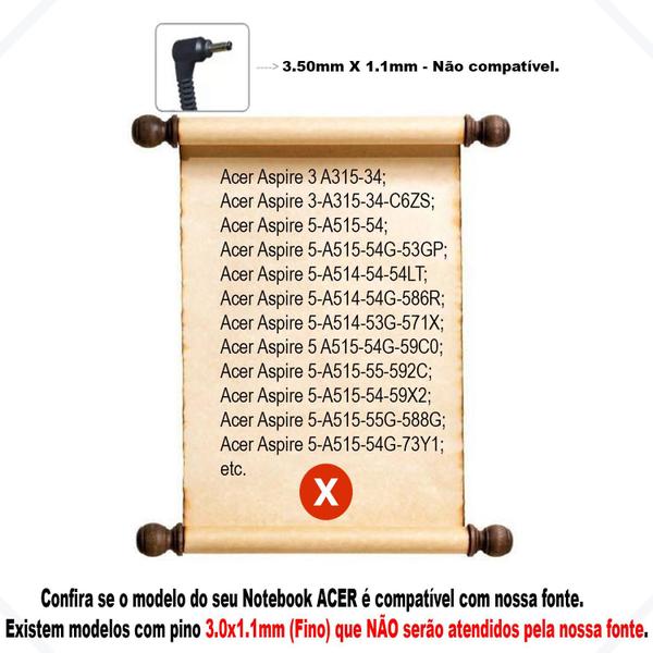 Imagem de Fonte de Alimentação para Notebook Acer Aspire E5-571g-760q - 19v 3,42a - Compatível com 5,5mm x 1,7mm AC1914