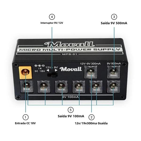 Imagem de Fonte de Alimentação para Pedal de Guitarra Movall - 18W, 8 Canais, Saída Isolada e Anti-Interferência