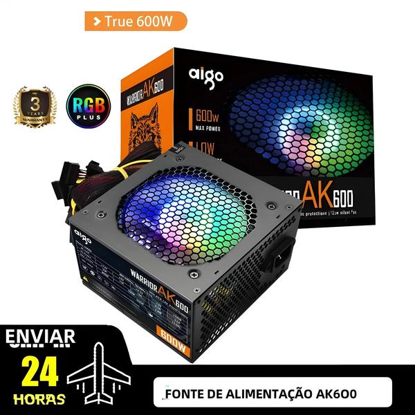 Imagem de Fonte de Alimentação PC Aigo AK 600W - Silenciosa, com Ventilador RGB de 120mm