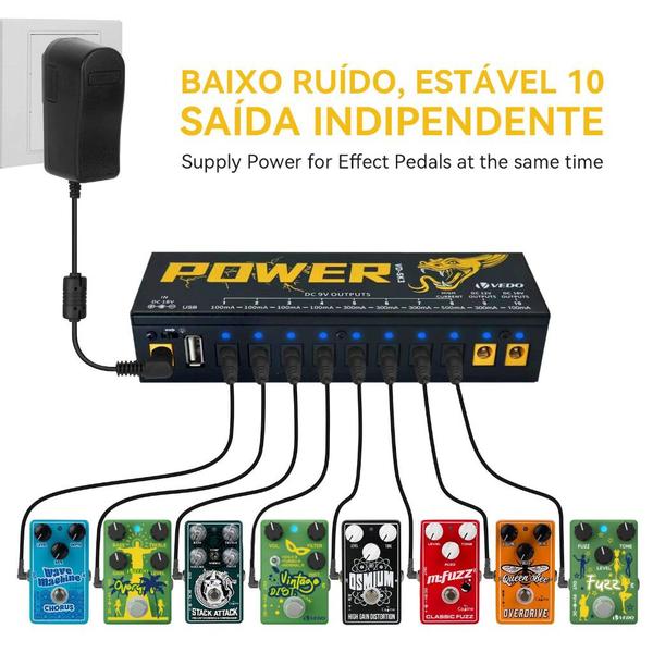 Imagem de Fonte de Alimentação Pedal Efeito Guitarra 10 Saídas Isoladas (9V, 12V, 18V) Proteção de Curto Circuito/Sobrecorrente Efeito Guitarra VEDO