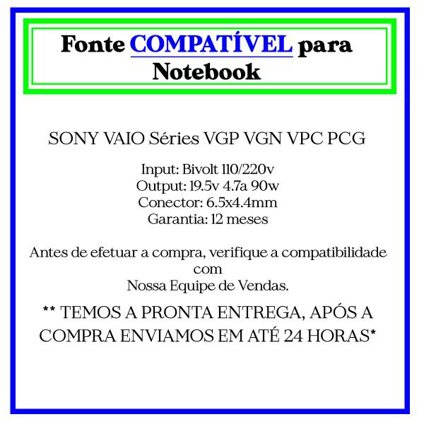 Imagem de Fonte de Nb Compatível p/ Sony 19.5V 4.74a 90w 6.5*4.4 mm