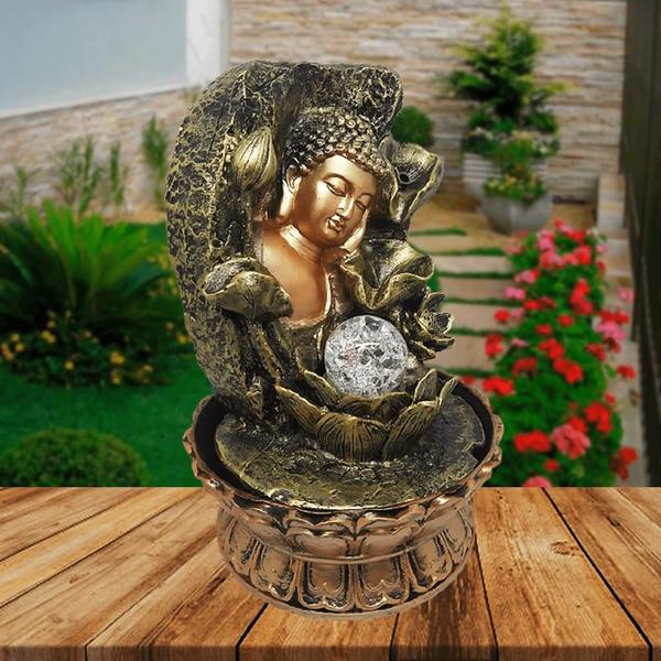 Imagem de Fonte Decorativa de Mesa de Água Buda Com Bola de Vidro E Luz De Led 9115