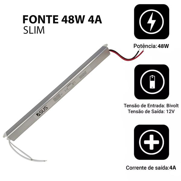 Imagem de Fonte Drive Slim 48W 12v 4A Bivolt Perfil Fita Led Lustre Luminaria Multiuso Luzes Decoraçao