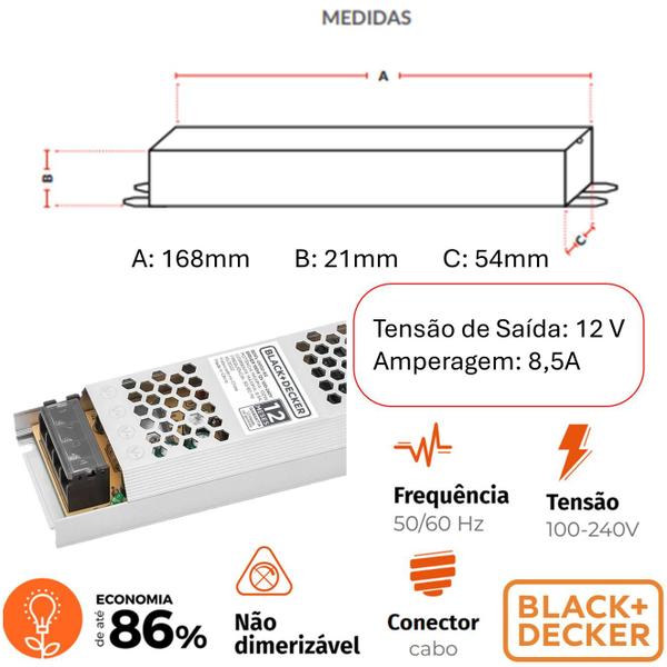 Imagem de Fonte Driver Slim 12V 100w 8,5A Bivolt Fita Led Perfil