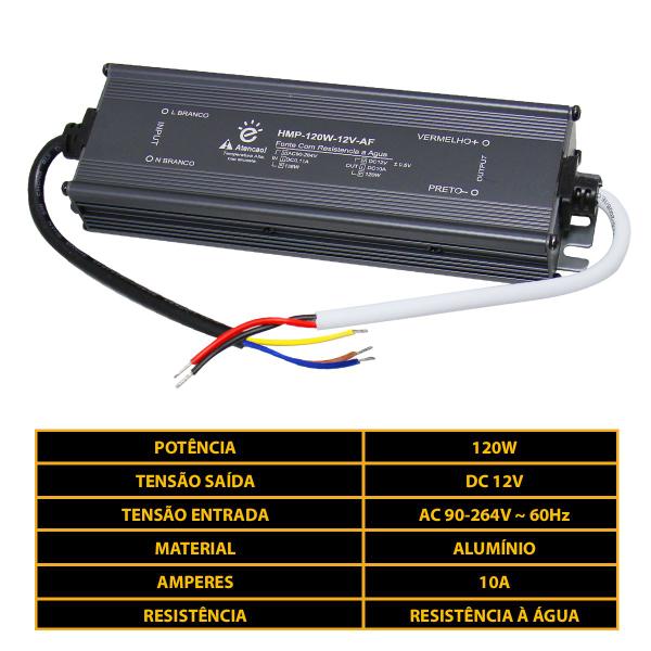 Imagem de Fonte Embralumi 12V Blindada IP67 120W 10A Garantia 2 Anos