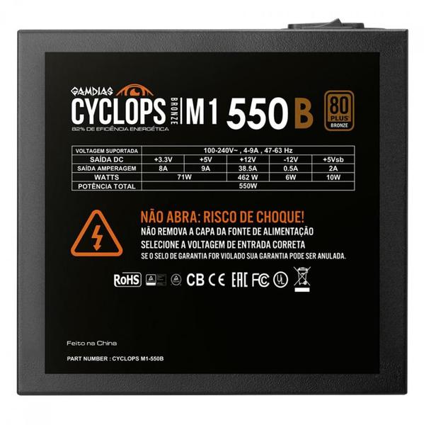 Fonte Gamdias Cyclops, 550W, 80 Plus Bronze, Cybenetics, Teclab, PFC Ativo, Cabos Flat Imagem de Fonte Gamdias Cyclops, 550W, 80 Plus Bronze, Cybenetics, Teclab, PFC Ativo, Cabos Flat
